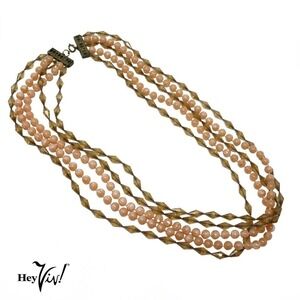 Vintage 5 Strand Necklace Pink Round and Diamond Shaped Beads 25 " Long -Hey Viv